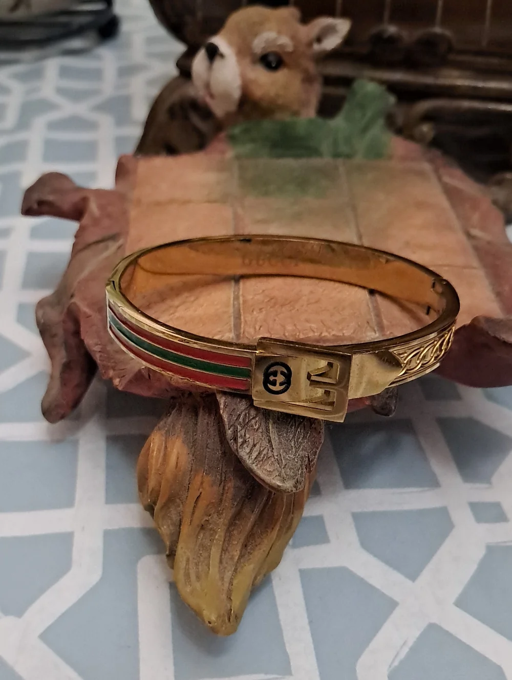 Fashion Gold-Tone Enamel Buckle Bangle Bracelet - Red/Green Stripe